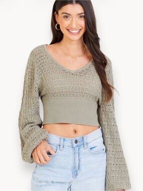 Altar'd State Sage Green Cropped Knit V-Neck Sweater